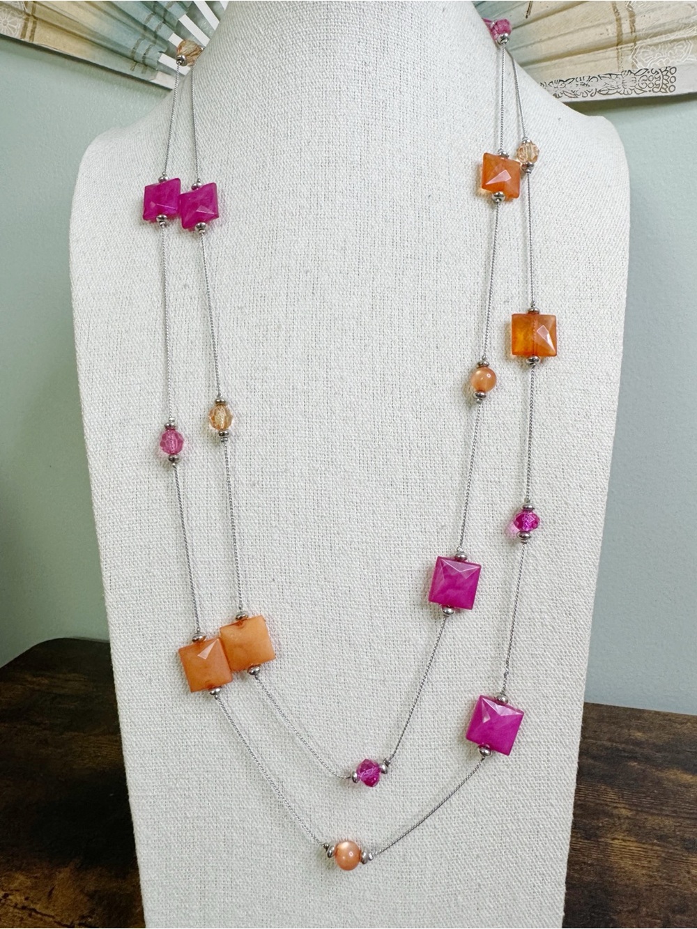 Pink & Orange Multi-Strand Geometric Bead Station Necklace 58”